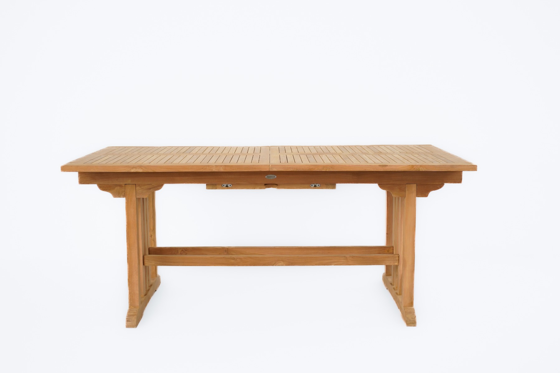 Compacte, elegante uitklapbare teakhouten tuintafel in gesloten en uitgeklapte toestand, toont het natuurlijke teakhouten oppervlak en soepele uitschuifmechanisme - alternate view