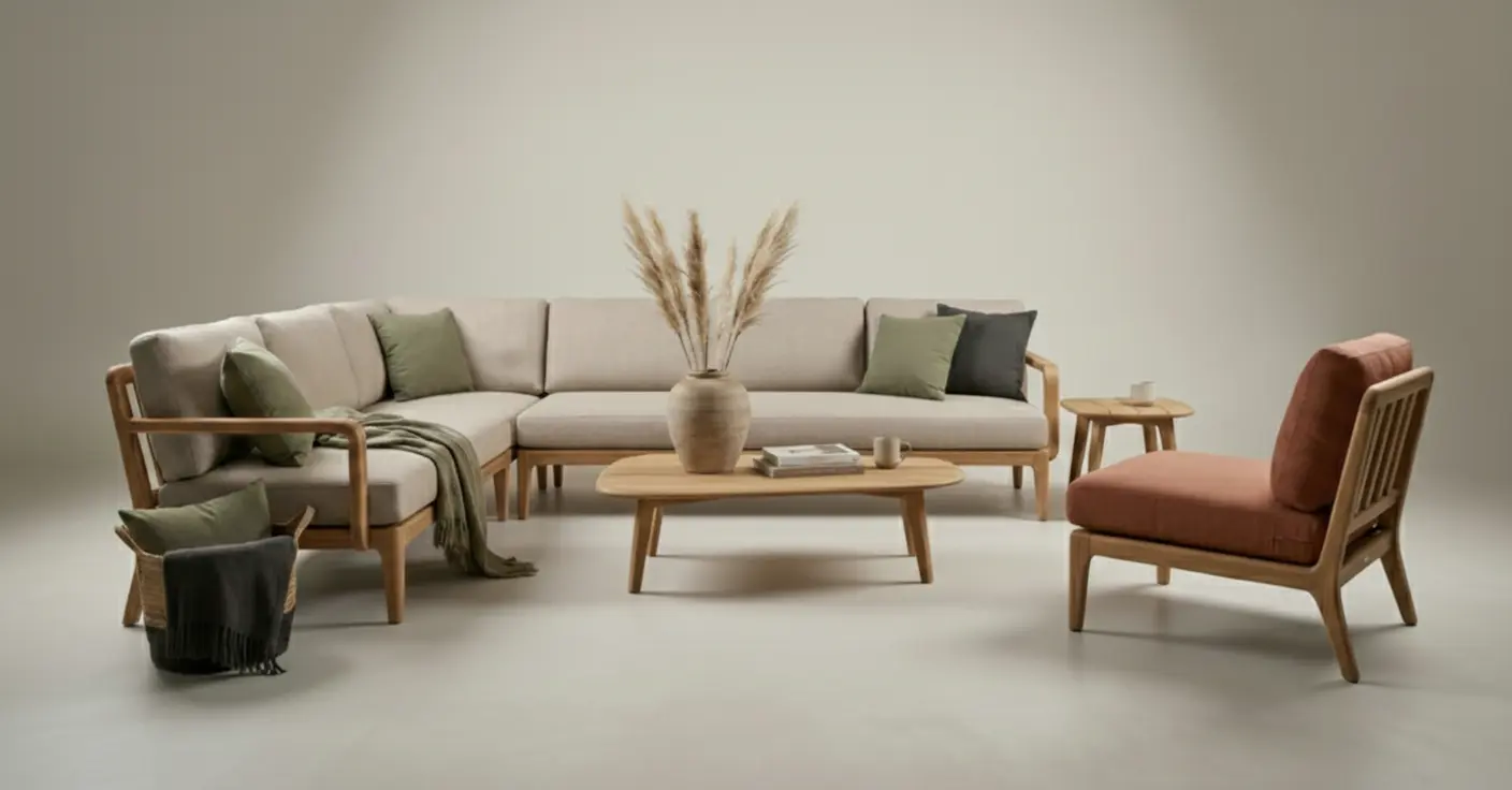 Modulaire houten loungehoek van teakhout met beige kussens en houten salontafel in een luxe tuin met zwembad. - view 3