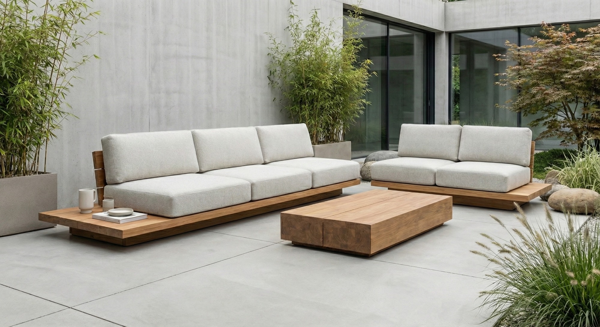 Detailopname Teakea Toba loungeset: massief teakhouten platformframe met waterafstotende Vanilla Grey Olefin kussens - alternate view