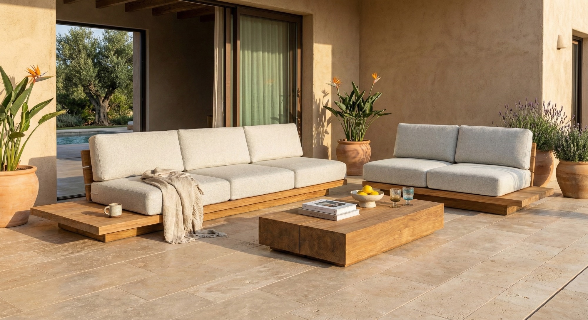 Detailopname Teakea Toba loungeset: massief teakhouten platformframe met waterafstotende Vanilla Grey Olefin kussens - view 3