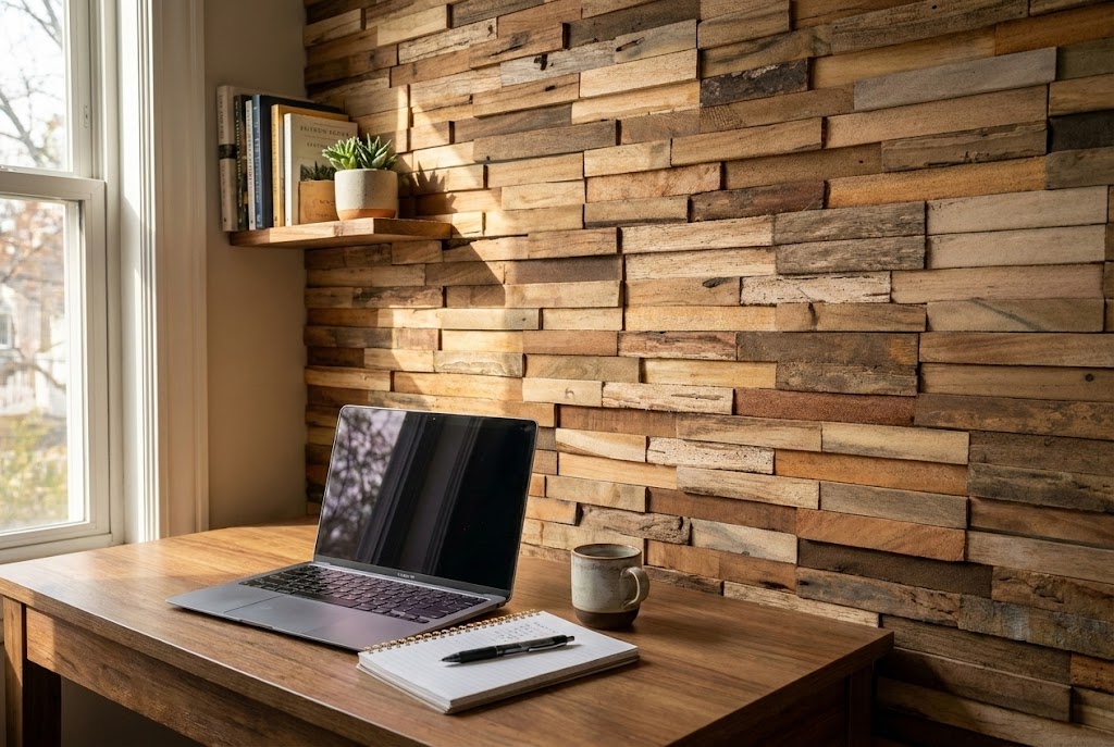Teak 3d hout wandpanelen in een woonkamer met indirect licht - view 3