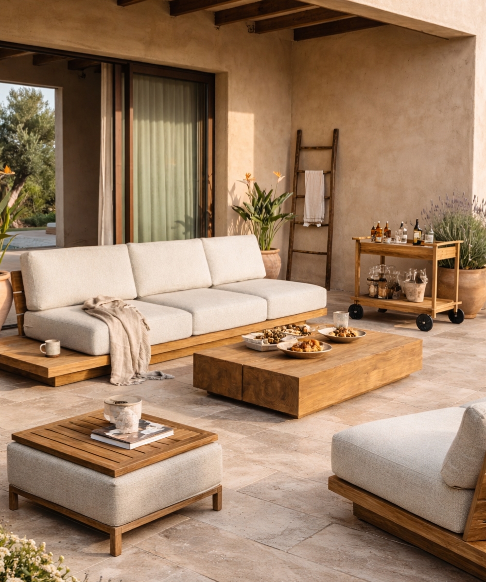 Mediterranean patio with teak seating