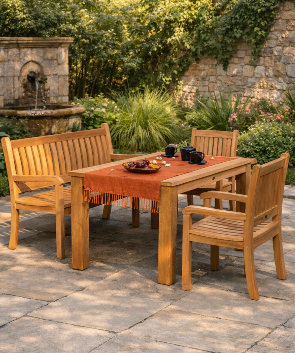 Serene patio dining with lush greenery