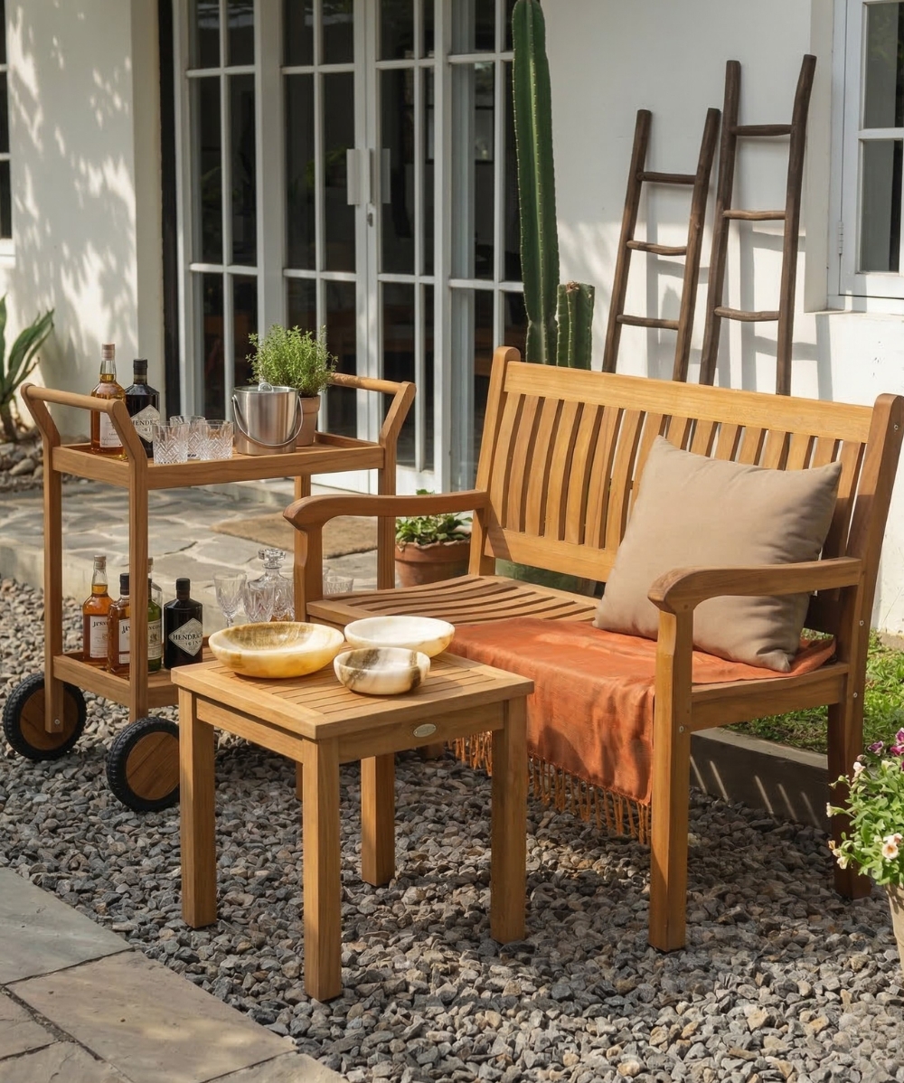teak-garden-bench-side-table-bar-cart-outdoor