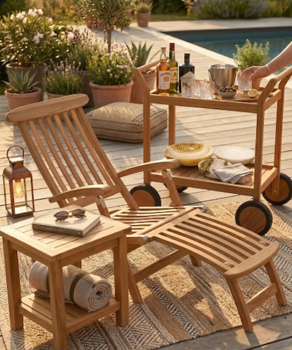 teak-lounge-chair-footrest-side-table-bar-cart-outdoor