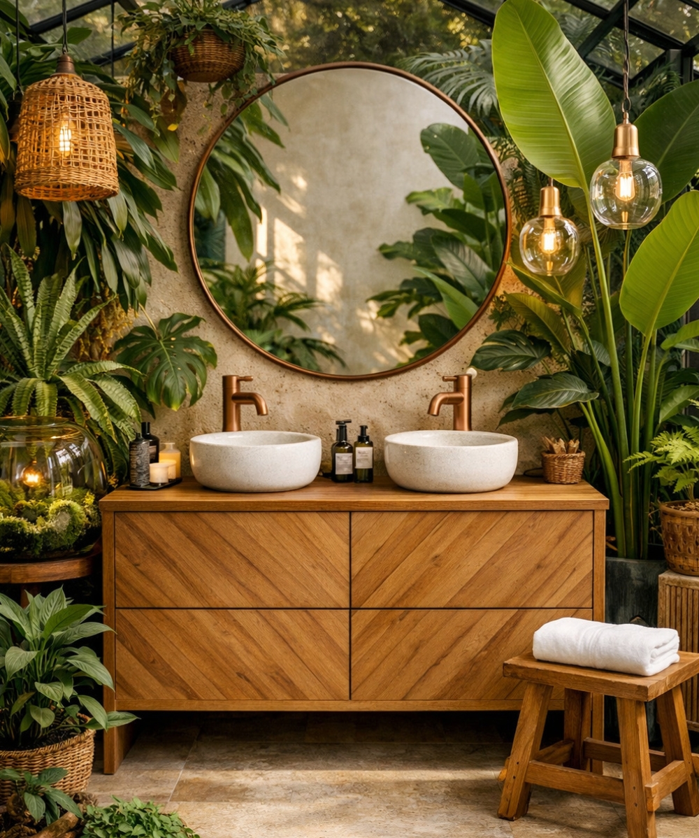 Tropical bathroom with urban jungle vibe