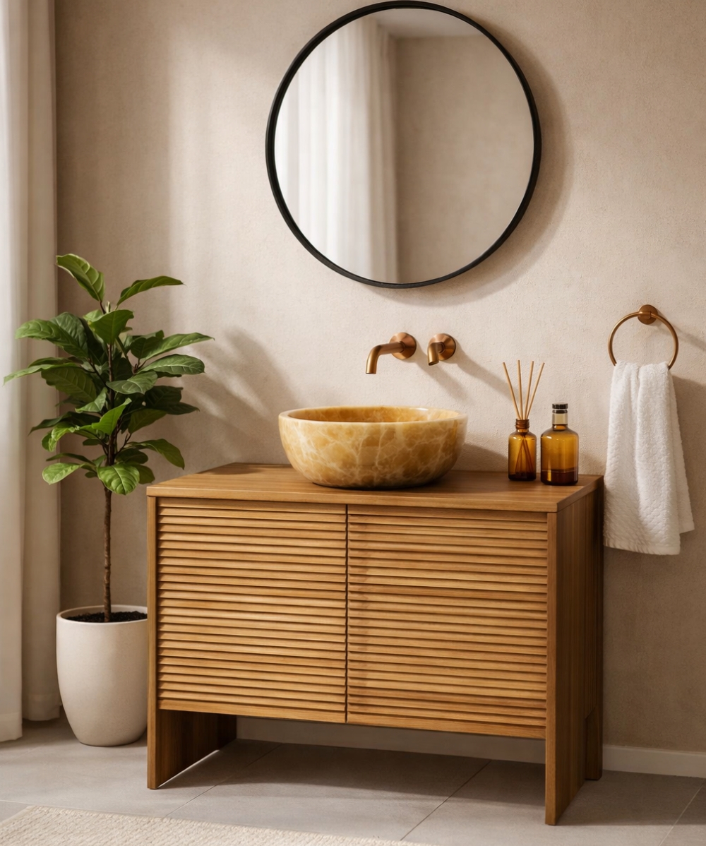 Warm mid-century modern bathroom details